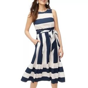 J. Crew **Navy Bold Stripe Poplin Midi Dress with Pocket Size 8P with No belt